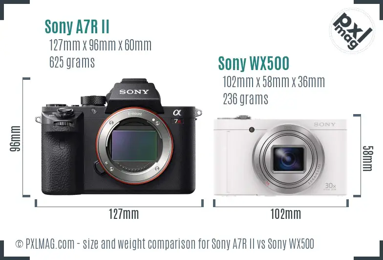 Sony A7R II vs Sony WX500 size comparison