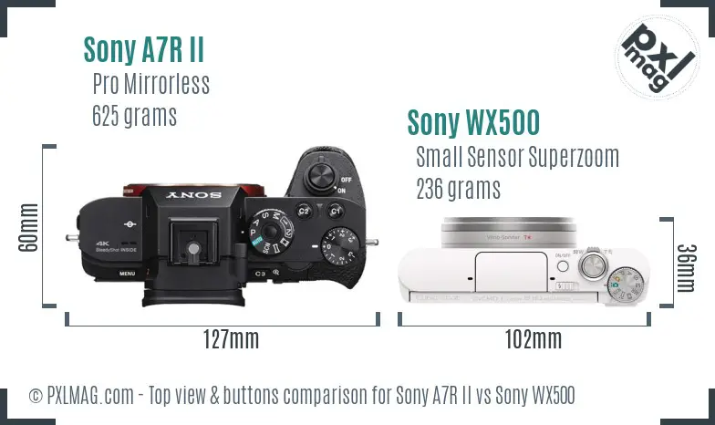 Sony A7R II vs Sony WX500 top view buttons comparison