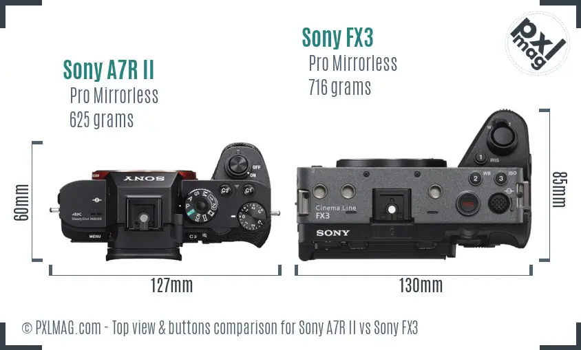 Sony A7R II vs Sony FX3 top view buttons comparison