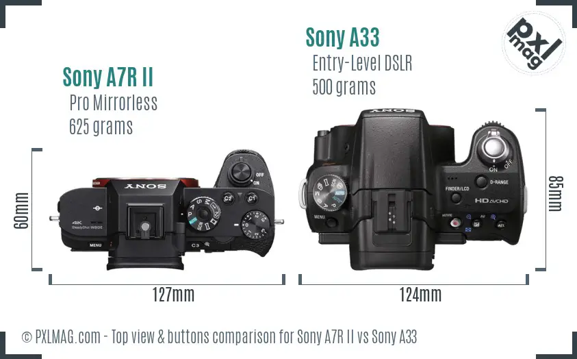 Sony A7R II vs Sony A33 top view buttons comparison