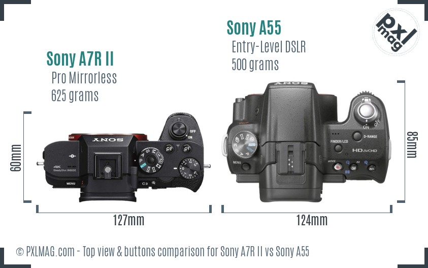 Sony A7R II vs Sony A55 top view buttons comparison