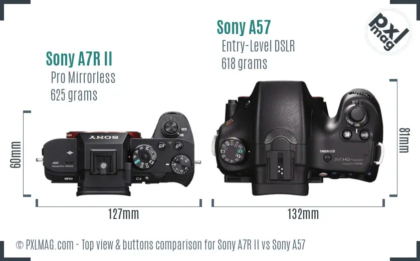 Sony A7R II vs Sony A57 top view buttons comparison