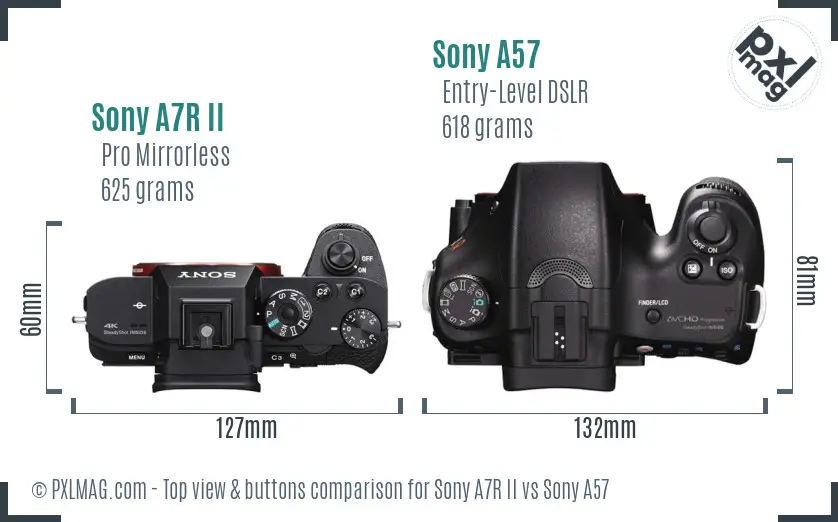 Sony A7R II vs Sony A57 top view buttons comparison Sony A7R II vs Sony A57 top view buttons comparison