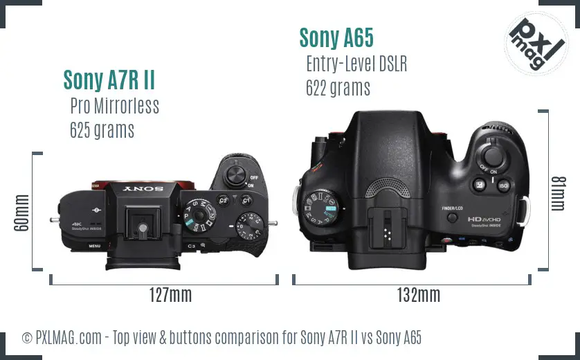 Sony A7R II vs Sony A65 top view buttons comparison Sony A7R II vs Sony A65 top view buttons comparison