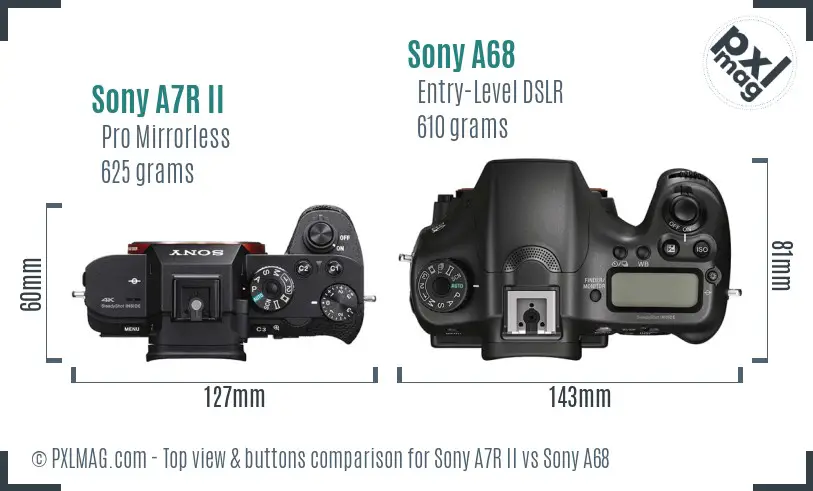 Sony A7R II vs Sony A68 top view buttons comparison Sony A7R II vs Sony A68 top view buttons comparison
