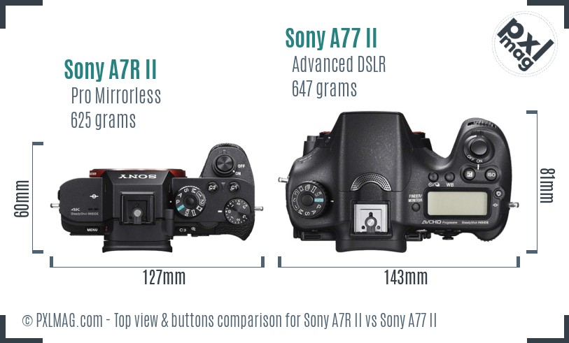 Sony A7R II vs Sony A77 II top view buttons comparison