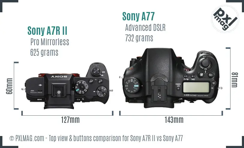 Sony A7R II vs Sony A77 top view buttons comparison