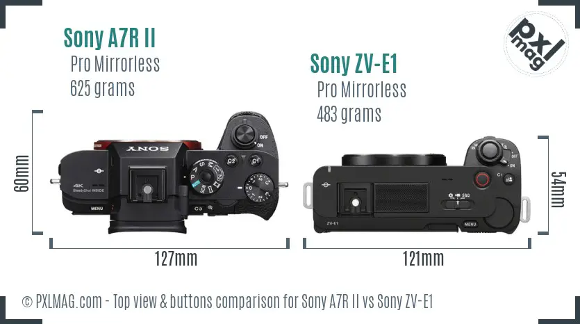 Sony A7R II vs Sony ZV-E1 top view buttons comparison