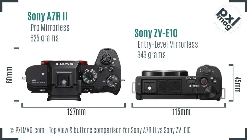 Sony A7R II vs Sony ZV-E10 top view buttons comparison