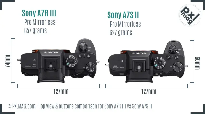 Sony A7R III vs Sony A7S II top view buttons comparison