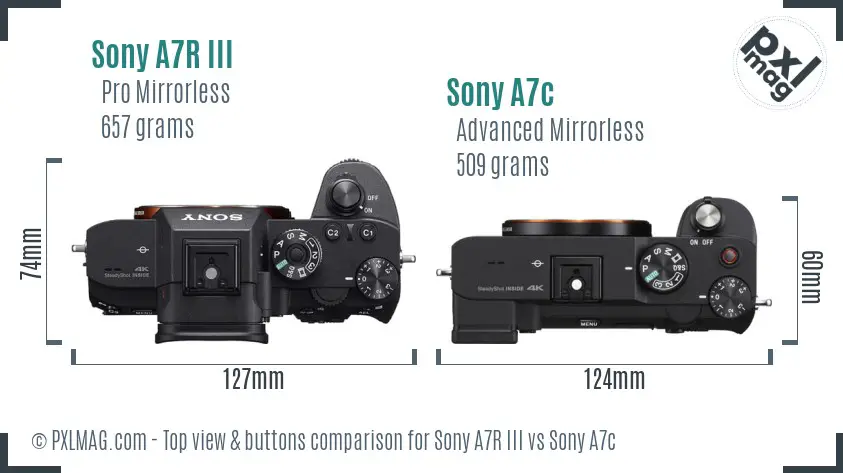 Sony A7R III vs Sony A7c top view buttons comparison
