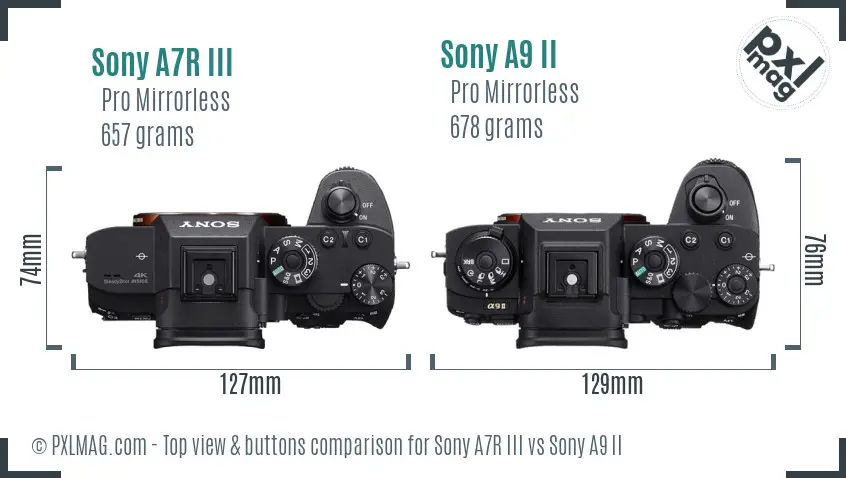 Sony A7R III vs Sony A9 II top view buttons comparison