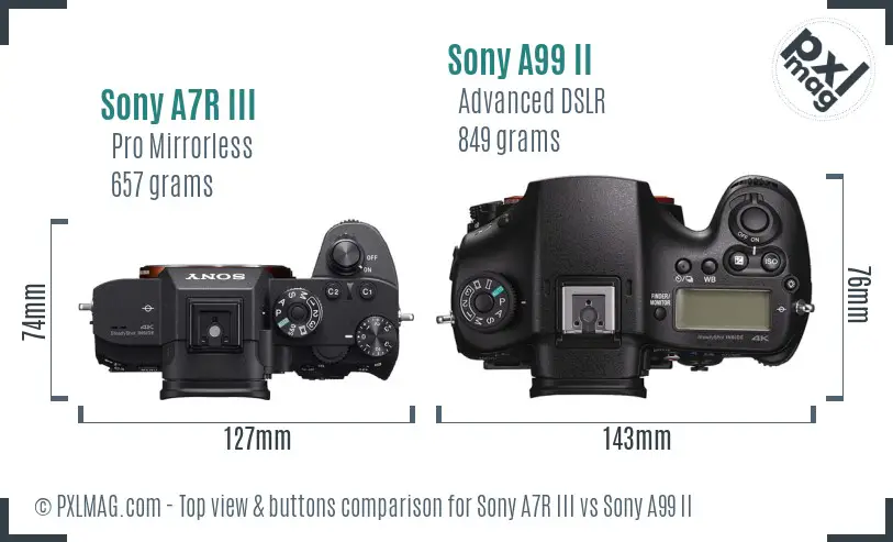 Sony A7R III vs Sony A99 II top view buttons comparison