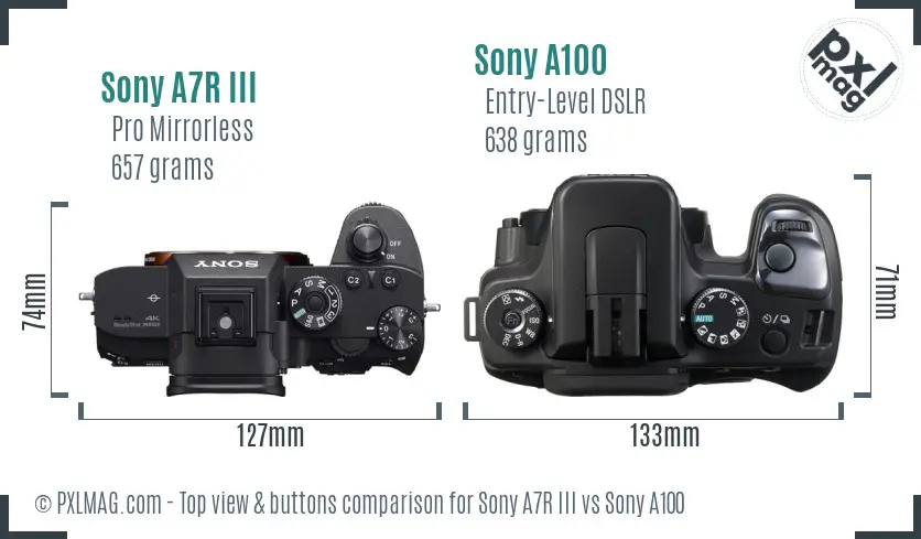 Sony A7R III vs Sony A100 top view buttons comparison