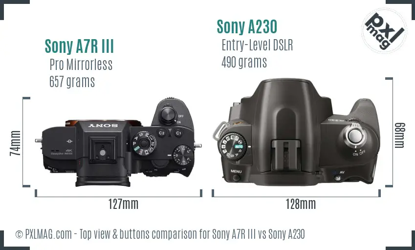 Sony A7R III vs Sony A230 top view buttons comparison