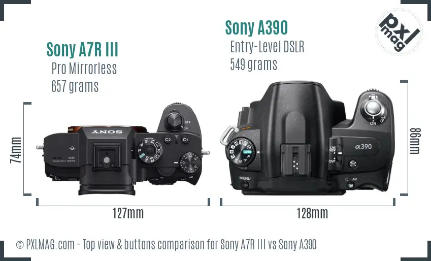 Sony A7R III vs Sony A390 top view buttons comparison