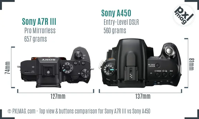 Sony A7R III vs Sony A450 top view buttons comparison