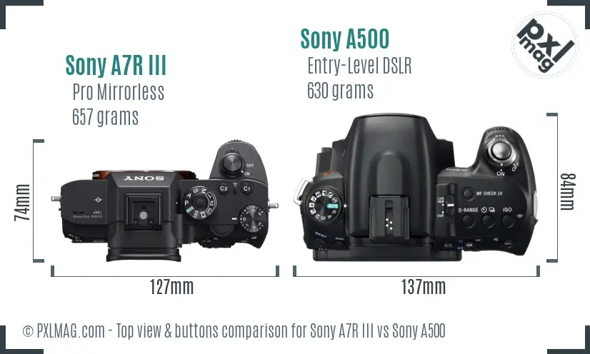Sony A7R III vs Sony A500 top view buttons comparison