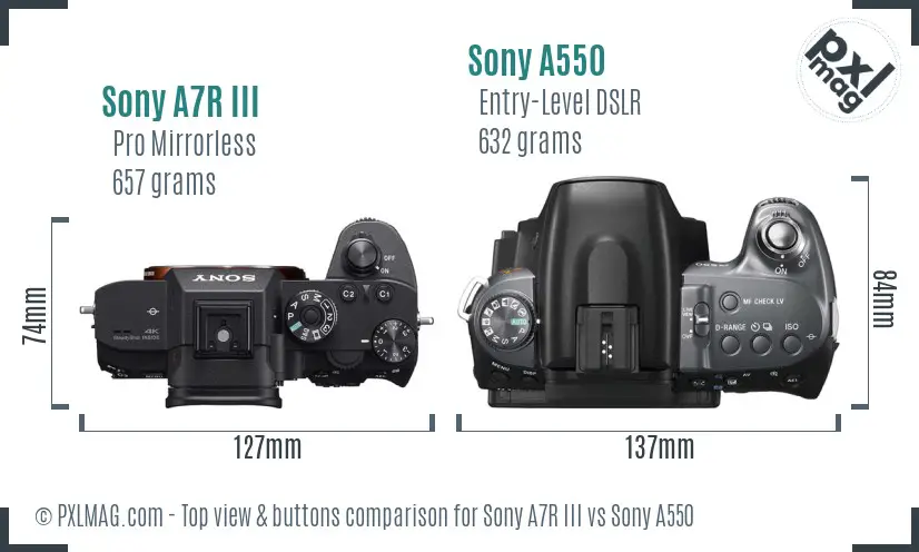 Sony A7R III vs Sony A550 top view buttons comparison