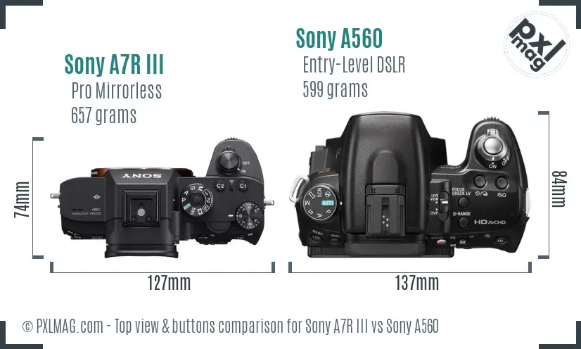 Sony A7R III vs Sony A560 top view buttons comparison