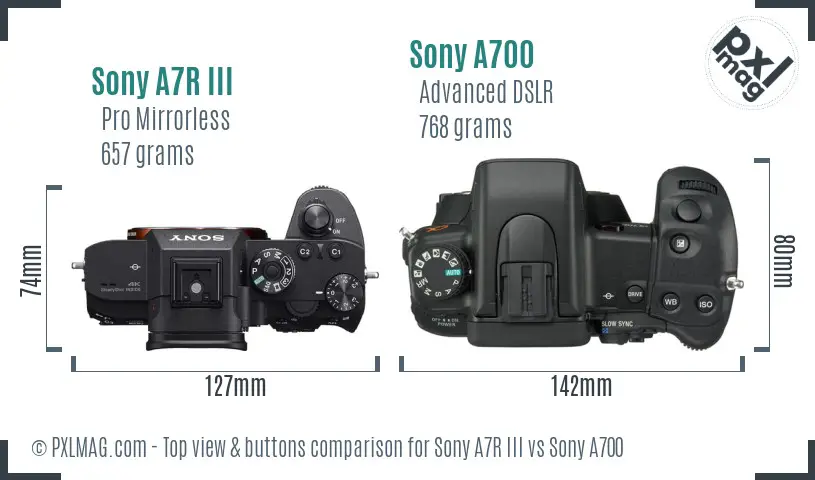 Sony A7R III vs Sony A700 top view buttons comparison