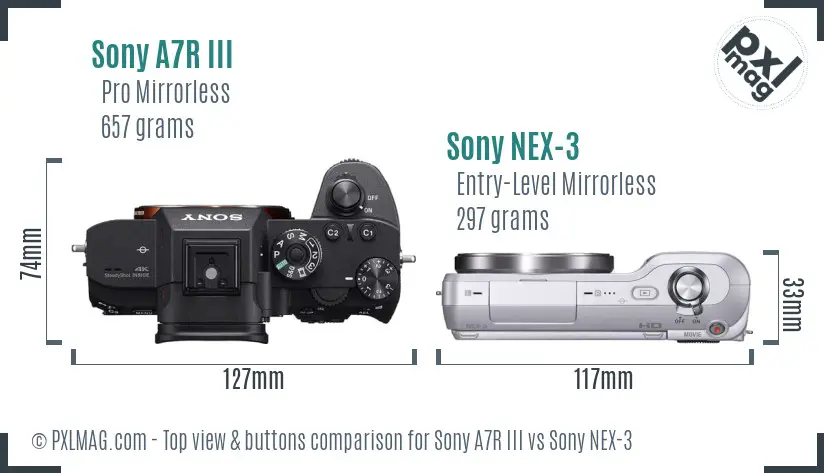 Sony A7R III vs Sony NEX-3 top view buttons comparison