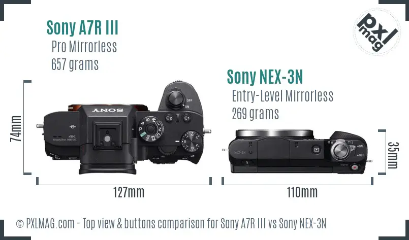 Sony A7R III vs Sony NEX-3N top view buttons comparison