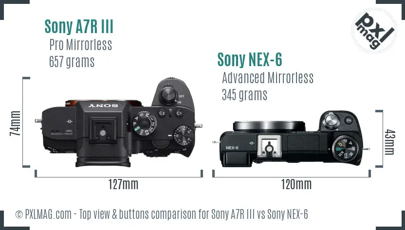 Sony A7R III vs Sony NEX-6 top view buttons comparison