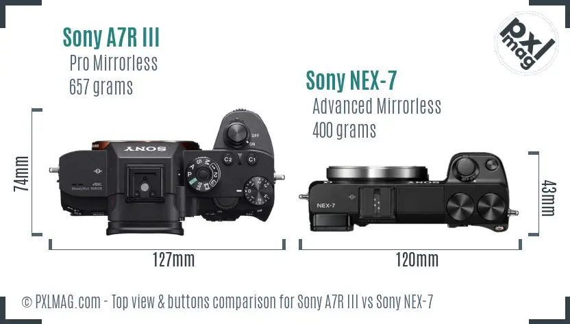 Sony A7R III vs Sony NEX-7 top view buttons comparison