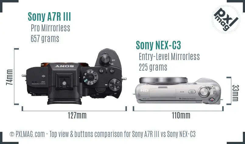 Sony A7R III vs Sony NEX-C3 top view buttons comparison