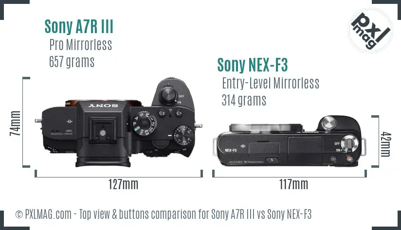 Sony A7R III vs Sony NEX-F3 top view buttons comparison