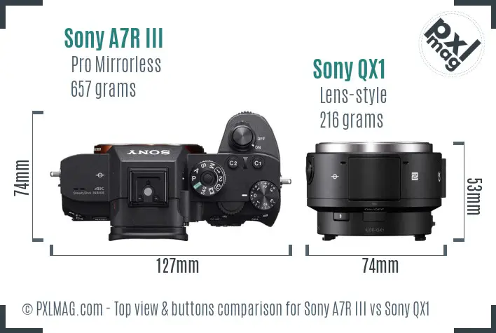 Sony A7R III vs Sony QX1 top view buttons comparison