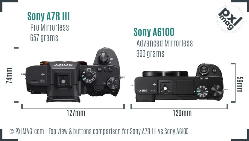 Sony A7R III vs Sony A6100 top view buttons comparison
