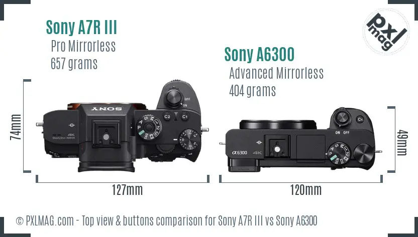 Sony A7R III vs Sony A6300 top view buttons comparison
