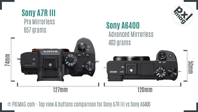 Sony A7R III vs Sony A6400 top view buttons comparison