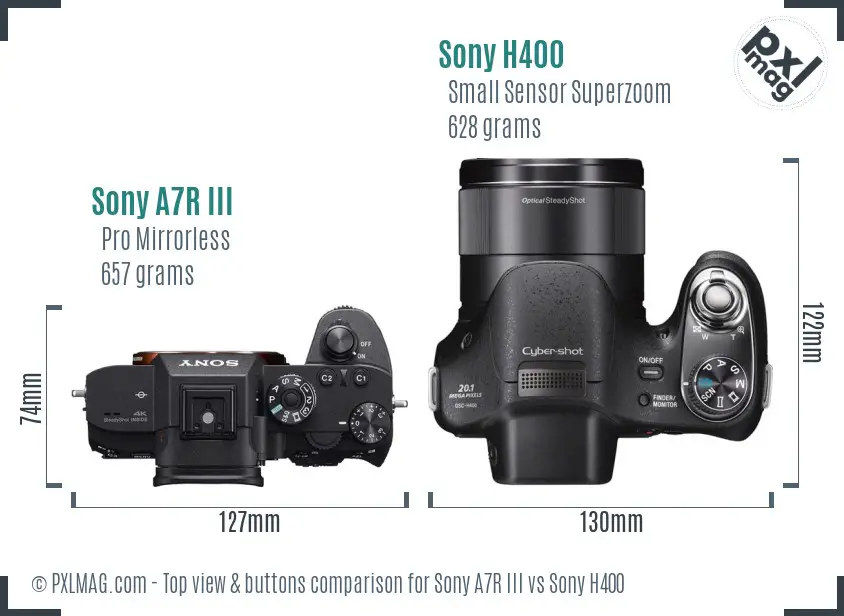 Sony A7R III vs Sony H400 top view buttons comparison