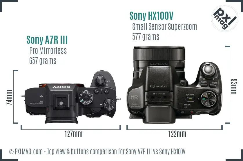 Sony A7R III vs Sony HX100V top view buttons comparison