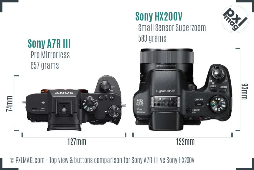 Sony A7R III vs Sony HX200V top view buttons comparison