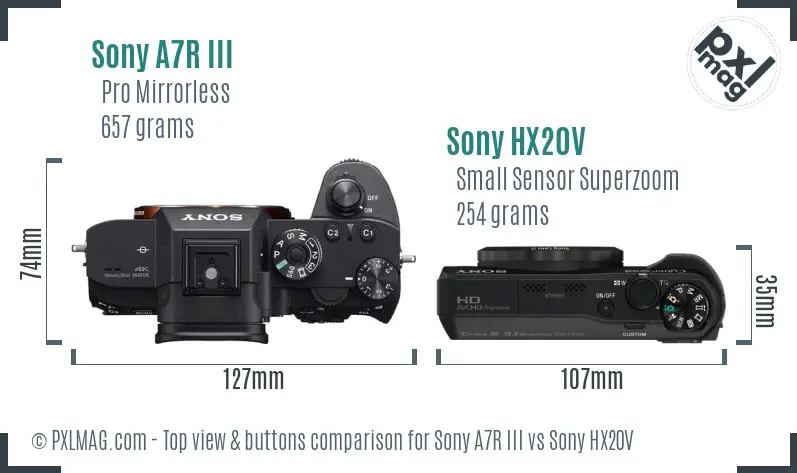 Sony A7R III vs Sony HX20V top view buttons comparison