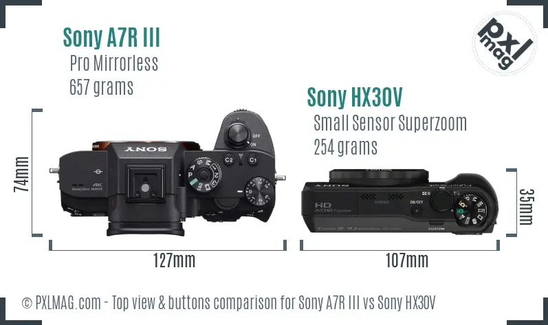 Sony A7R III vs Sony HX30V top view buttons comparison