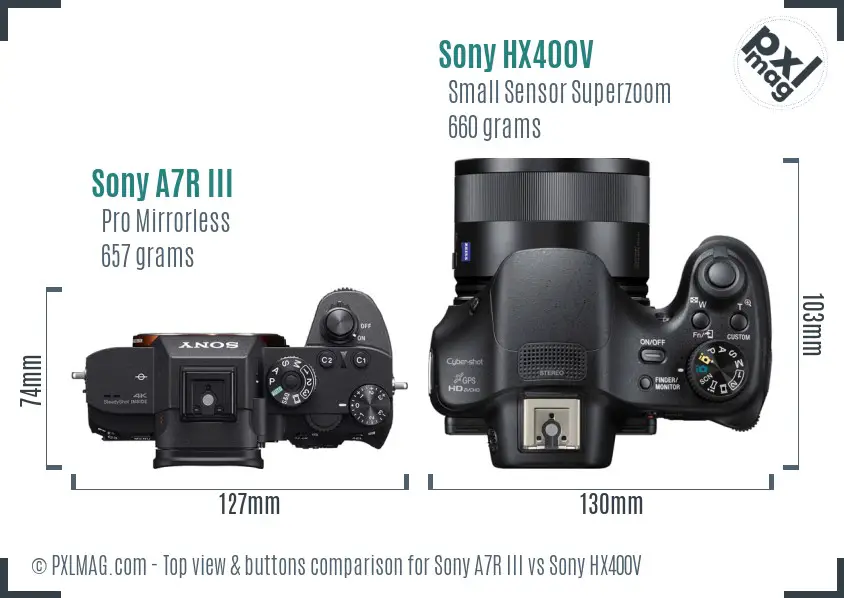 Sony A7R III vs Sony HX400V top view buttons comparison