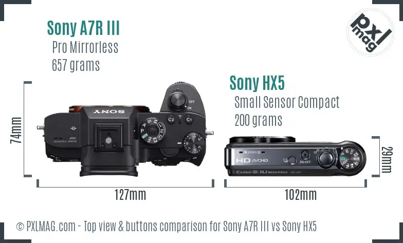Sony A7R III vs Sony HX5 top view buttons comparison