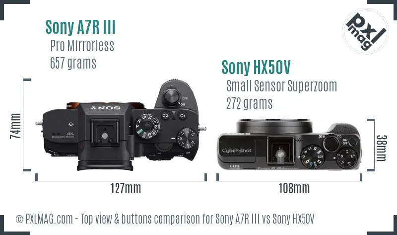 Sony A7R III vs Sony HX50V top view buttons comparison