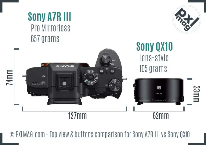 Sony A7R III vs Sony QX10 top view buttons comparison