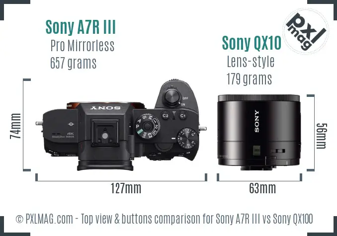 Sony A7R III vs Sony QX100 top view buttons comparison