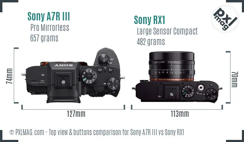 Sony A7R III vs Sony RX1 top view buttons comparison
