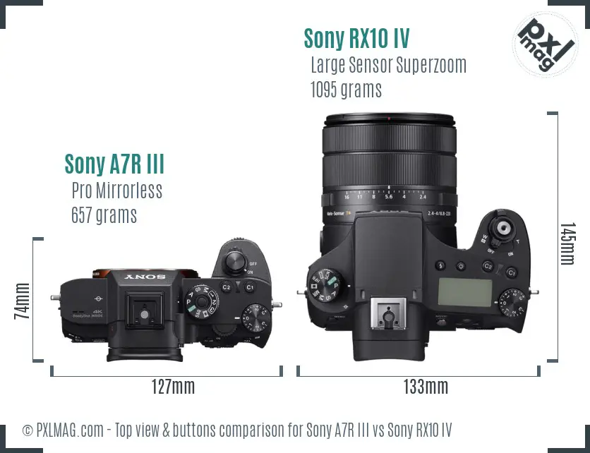 Sony A7R III vs Sony RX10 IV top view buttons comparison