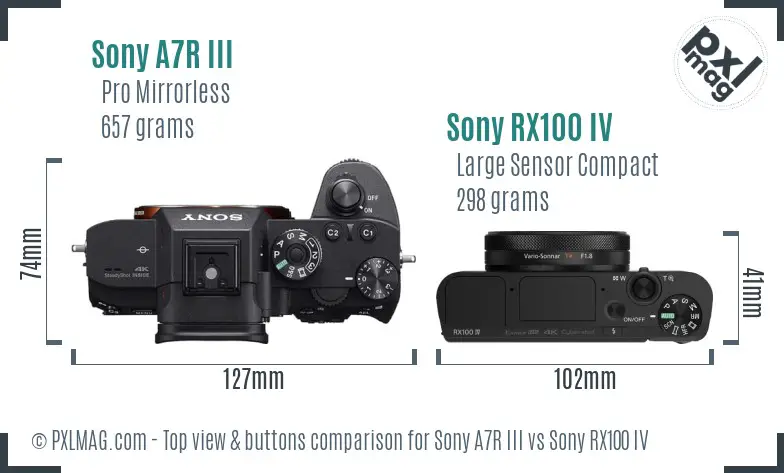 Sony A7R III vs Sony RX100 IV top view buttons comparison