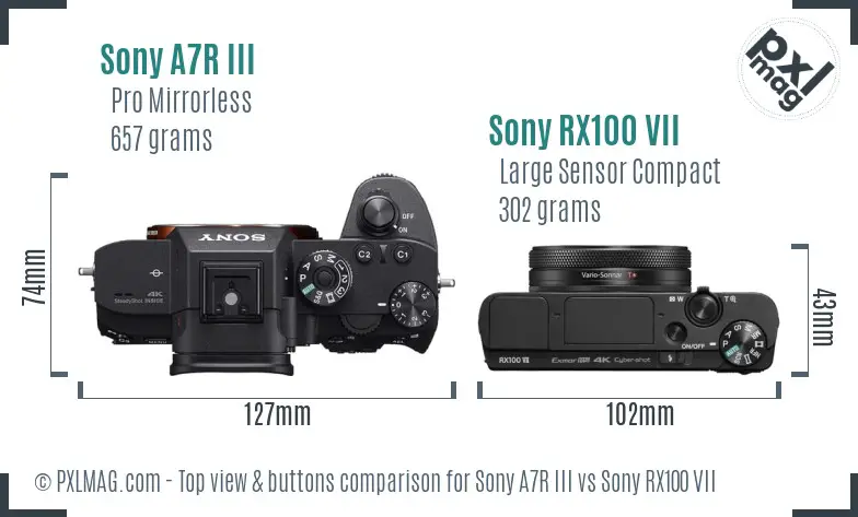 Sony A7R III vs Sony RX100 VII top view buttons comparison
