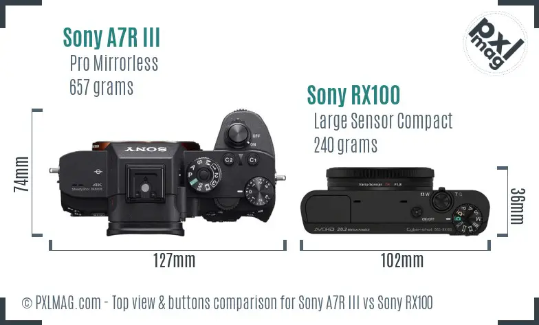 Sony A7R III vs Sony RX100 top view buttons comparison